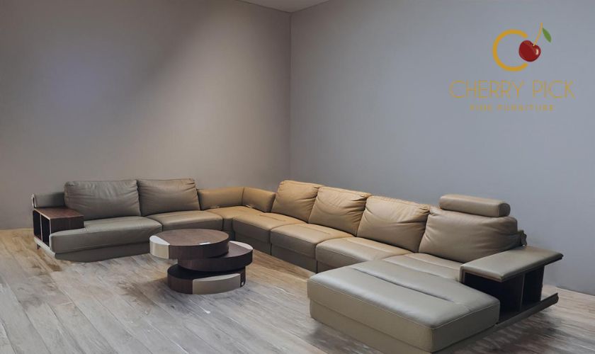 Stain resistant upholstery demo showing liquid beading on a premium performance fabric sofa