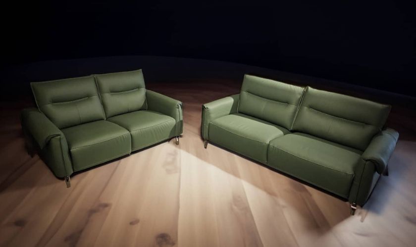 Furniture quality check before buying india — checking leather sofa stitching and frame at Bangalore showroom