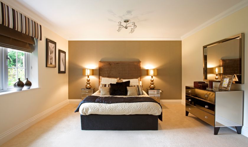 Bedroom furniture Bangalore — 2BHK master bedroom with queen size upholstered bed and space-saving layout