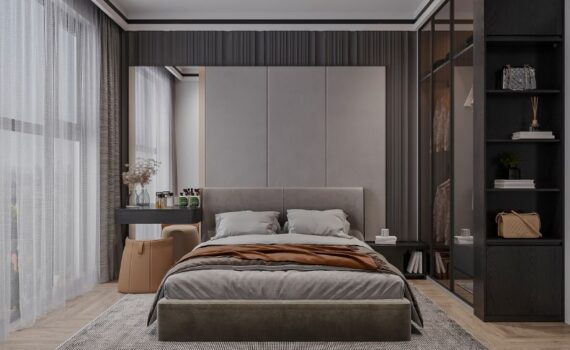 Bedroom furniture Bangalore — complete master bedroom setup with upholstered bed and coordinated furniture at Cherry Pick India
