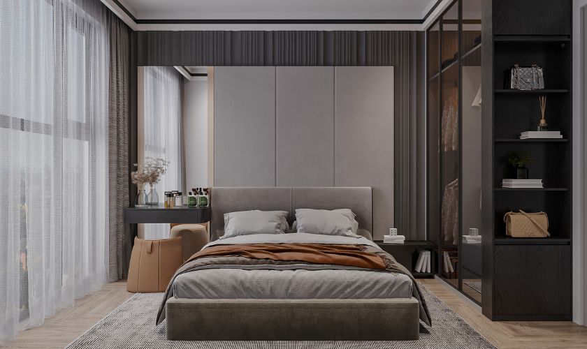 Bedroom furniture Bangalore — complete master bedroom setup with upholstered bed and coordinated furniture at Cherry Pick India