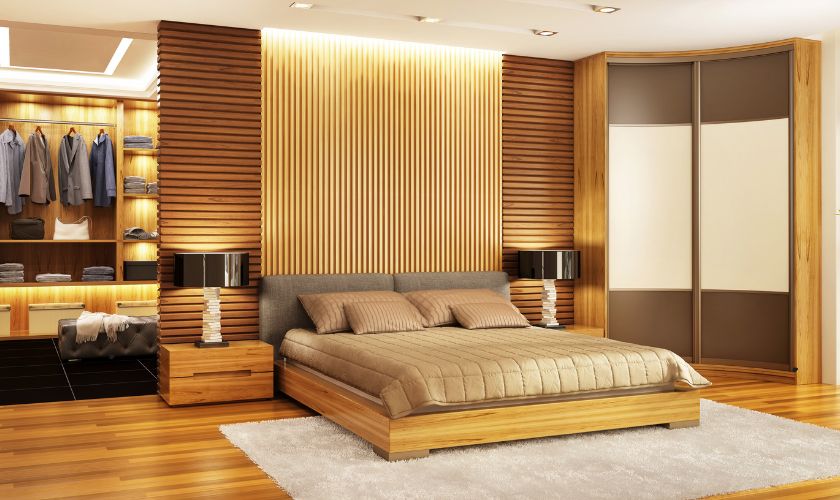 Bedroom interior Bangalore 2BHK — styling guide with neutral upholstered bed and warm lighting in Bangalore apartment
