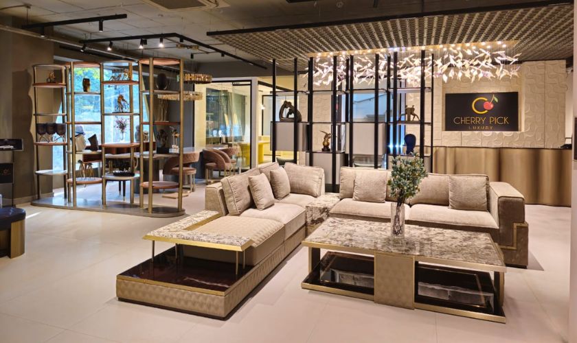 Furniture styles for Bangalore apartments — contemporary style living room with leather sofa and marble centre table