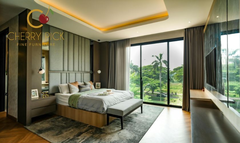 Luxury bed Bangalore — Futura upholstered queen size hydraulic storage bed master bedroom