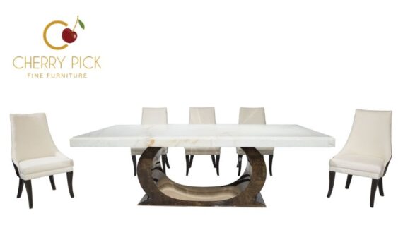 Luxury dining chairs Bangalore — upholstered premium dining chairs around marble top dining table at Cherry Pick India