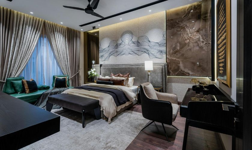 Master bedroom furniture Bangalore — upholstered bed with wardrobe and dressing table in luxury master bedroom