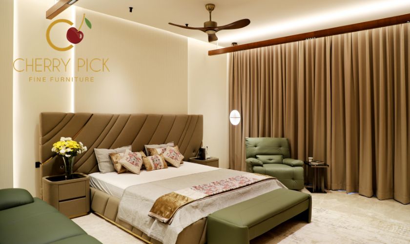 Upholstered bed with hydraulic storage Bangalore — mechanism open showing 250L storage capacity