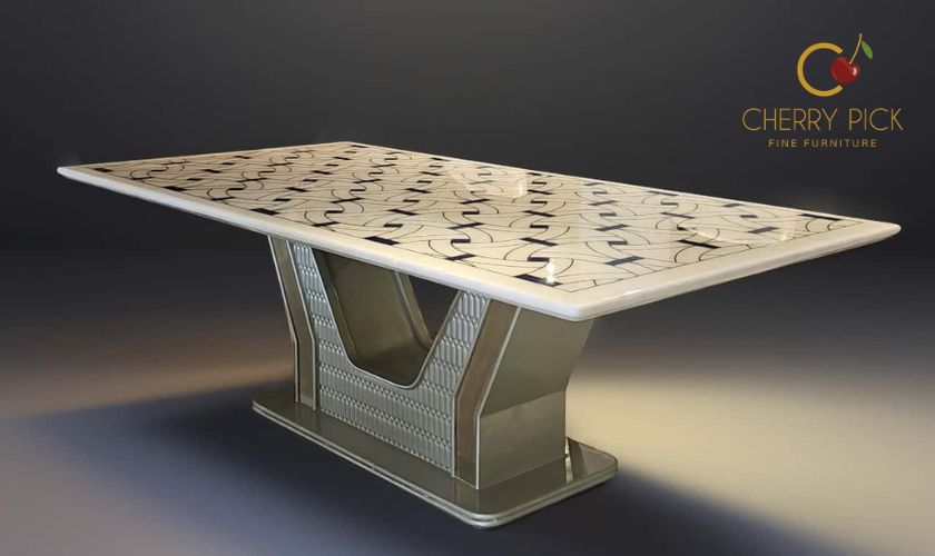 Dining table size guide India — 12 seater marble top dining table in Bangalore villa dining room with correct room clearance