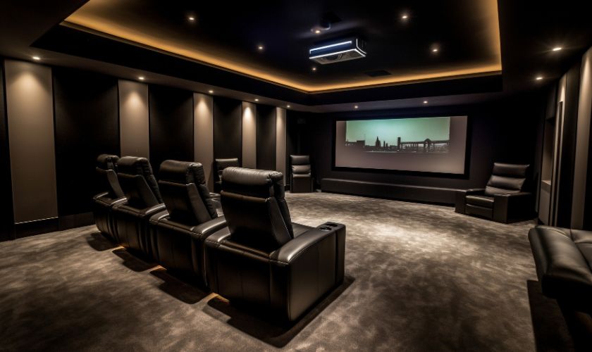 Home theatre setup Bangalore — 2-row tiered recliner configuration with 3+3 seating for dedicated home cinema room