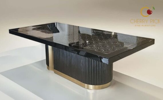 How to choose a dining table Bangalore — buyer measuring marble dining table dimensions at Cherry Pick India Koramangala showroom
