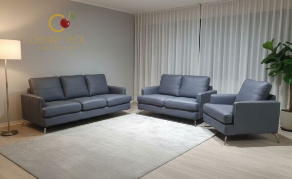 Leatherette sofa Bangalore — navy colour PU leather 3-seater sofa with gold metal legs at Cherry Pick India
