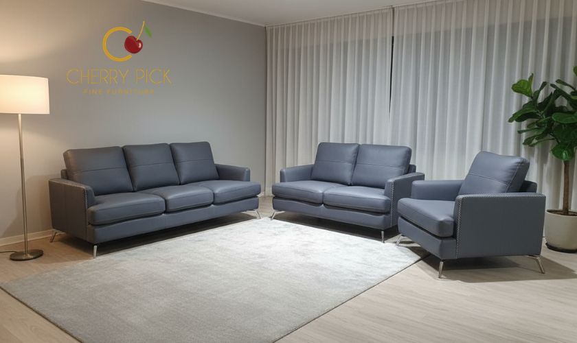 Leatherette sofa Bangalore — navy colour PU leather 3-seater sofa with gold metal legs at Cherry Pick India