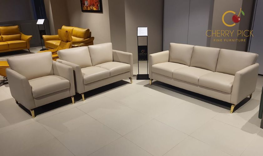 Leatherette sofa Bangalore — silver grey 3-seater PU leather corporate style sofa at Cherry Pick India