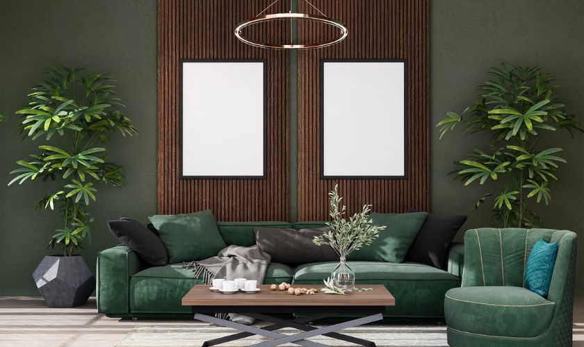 Sofa colour guide Bangalore — deep green leather sofa as accent piece in contemporary Bangalore 3BHK living room
