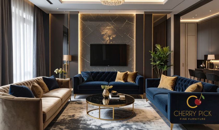 Which sofa colour suits Bangalore apartment — navy blue leather sofa with gold accent in Indiranagar luxury apartment