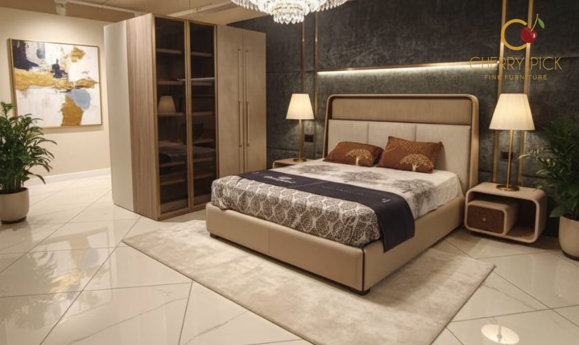 2BHK flat furniture ideas Bangalore — master bedroom with queen upholstered storage bed and slim wardrobe