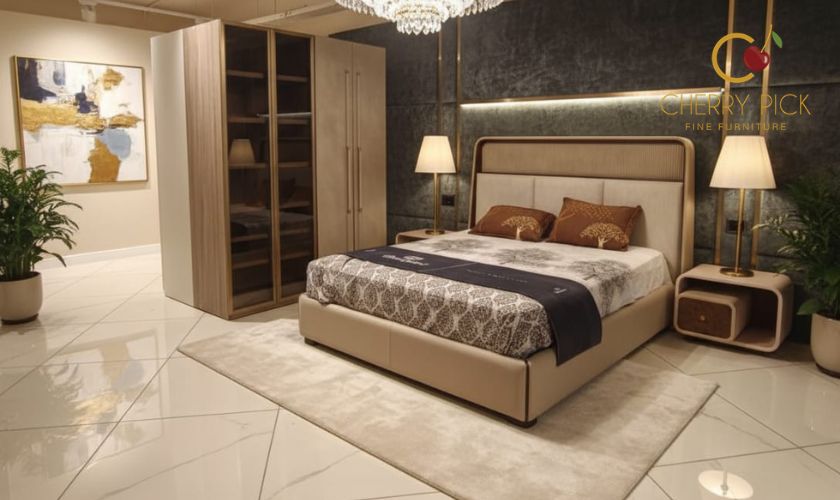 3BHK furniture Bangalore — master bedroom with king size upholstered bed and 4-door wardrobe in premium Koramangala 3BHK