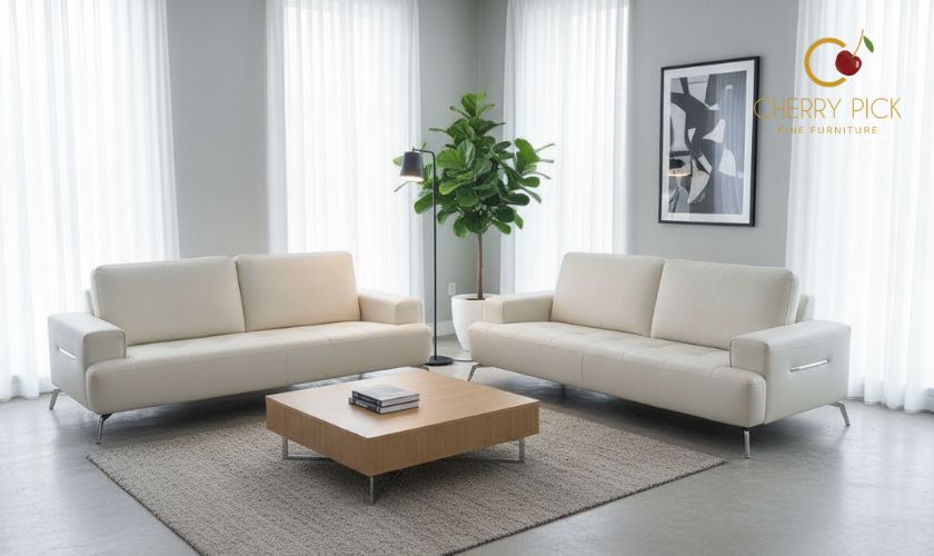 Best sofa material for Bangalore climate — fabric sofa with breathable woven texture for warm Bangalore apartment summers