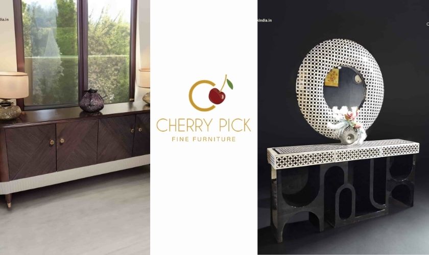 Console table with mirror Bangalore — MOP mirror console with large statement mirror above in Bangalore luxury apartment