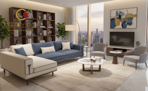 Furniture for 2BHK flat Bangalore — complete living room with 3-seater fabric sofa and marble centre table for Koramangala 2BHK