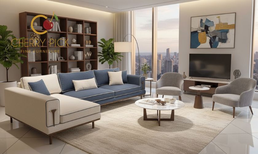Furniture for 2BHK flat Bangalore — complete living room with 3-seater fabric sofa and marble centre table for Koramangala 2BHK