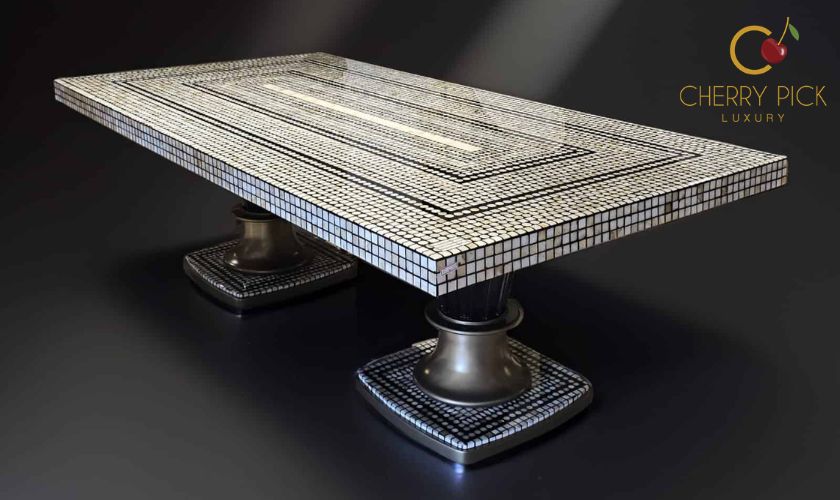 Luxury furniture for villa Bangalore — 12-seater marble dining table with premium leather dining chairs in villa dining room