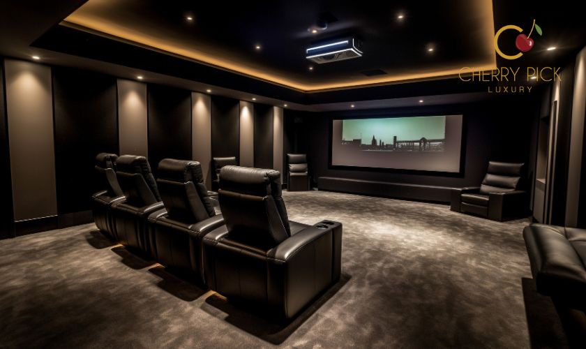 Premium villa interior furniture Bangalore — home theatre recliner room with 6-seater configuration in Bangalore villa basement