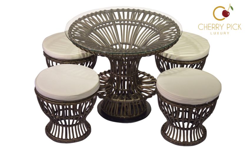 Villa furniture Bangalore — outdoor garden seating set with wicker sofa and teak wood chairs for Bangalore villa garden