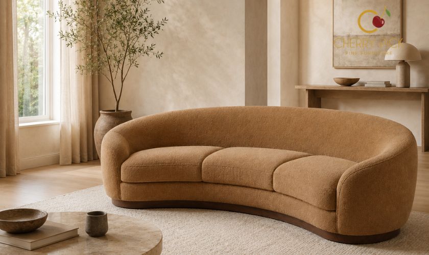 Curved sofa acting as a soft divider between living and dining zones in an open-plan apartment