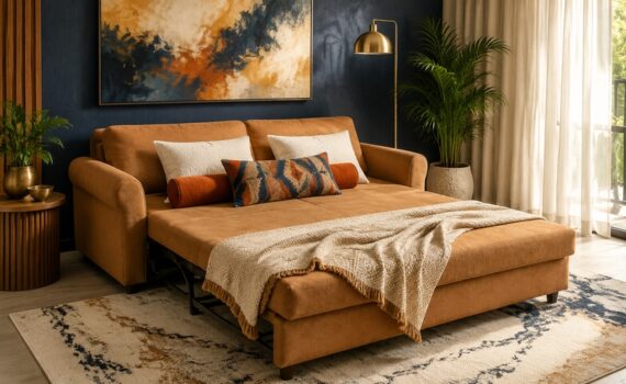Extendable sofa shown in seating position and unfolded as a bed in a Bangalore apartment