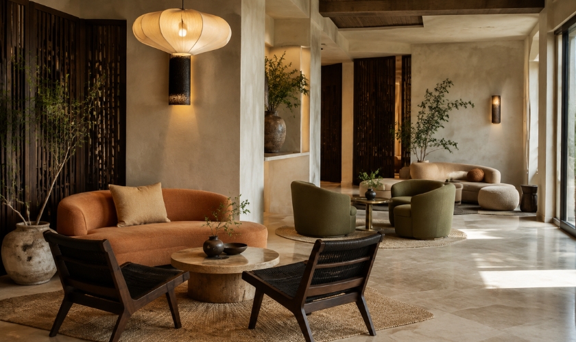 Hotel furniture arrangement showing lounge seating pockets in a boutique property