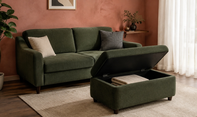 Multi-functional sofa ottoman providing hidden storage and footrest in a compact living room