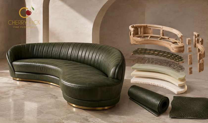 Premium sofa cost justified by kiln-dried hardwood frame and full grain leather upholstery