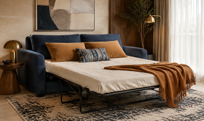 Pull out couch with folding steel frame and mattress extended from inside the base