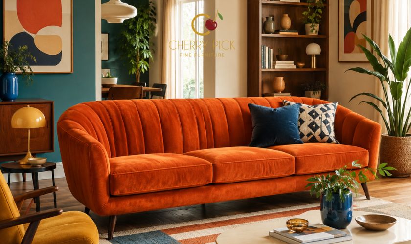 Retro sofa design detail: boucle texture and continuous wrapping backrest on modern seating