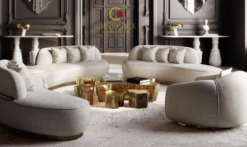 Rounded sofa dimensions diagram showing width, depth and clearance requirements