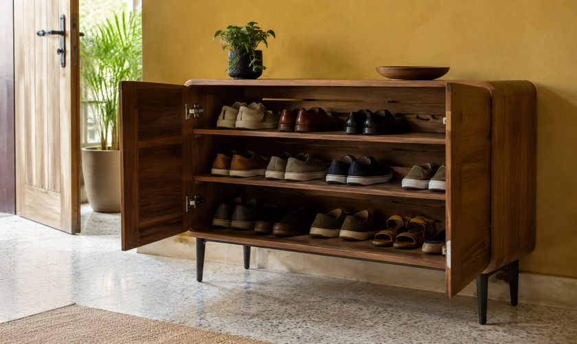 Shoe storage furniture with ventilated back panel sized for an Indian family