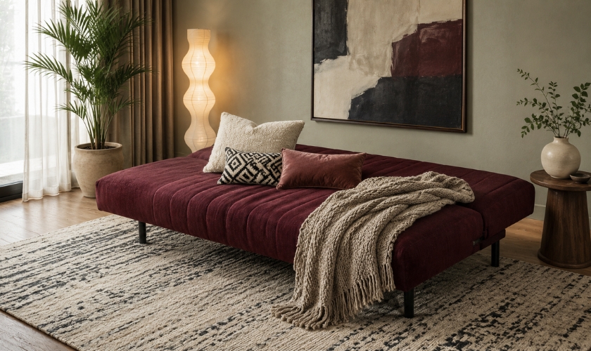Sofa bed click-clack mechanism reclining the backrest flat in line with the seat