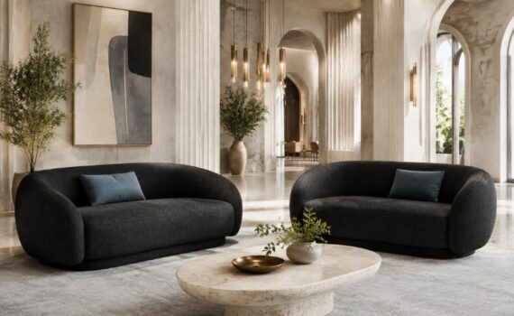 Sofa in hotel lobby setting with modular two-seater units in dark performance fabric