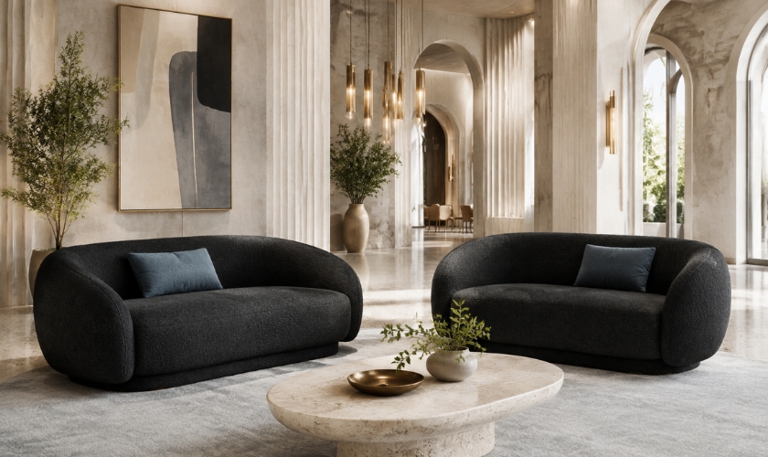 Sofa in hotel lobby setting with modular two-seater units in dark performance fabric