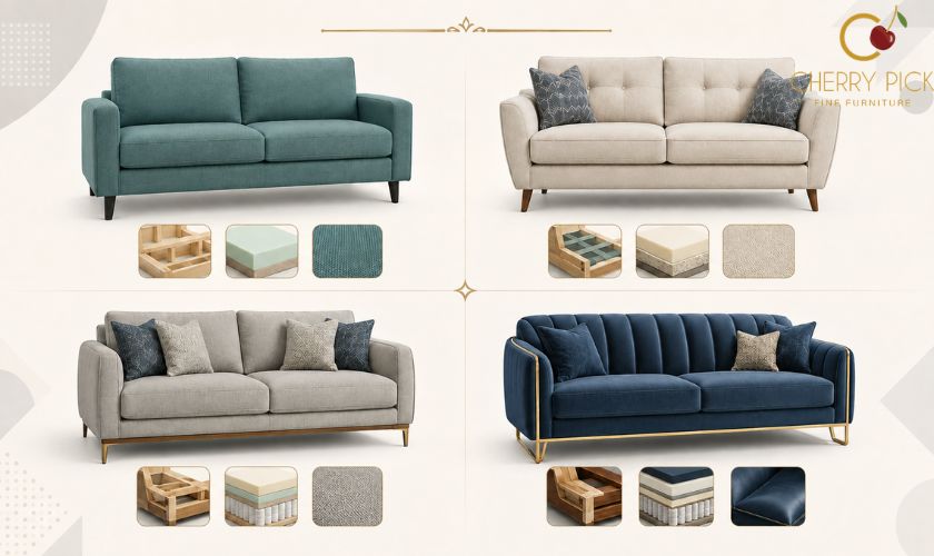 Sofa price range chart comparing entry, mid, premium and imported construction