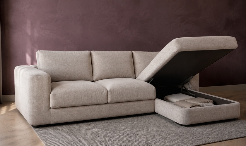 Sofa shoes storage bench in an Indian entryway with lift-top compartment open
