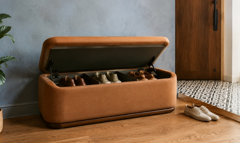 Storage sofa with chaise compartment lifted to show hidden storage volume