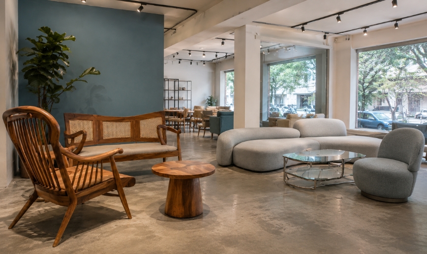 Tusky furniture alternatives in Bangalore: solid wood and imported furniture compared in a showroom
