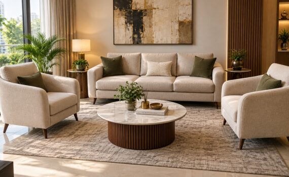 1 set sofa suite in a 3+1+1 configuration arranged in a Bangalore living room