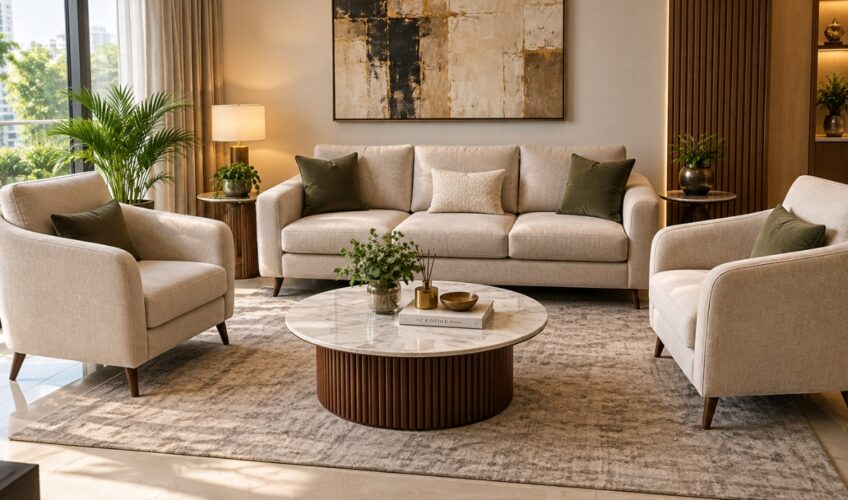 1 set sofa suite in a 3+1+1 configuration arranged in a Bangalore living room