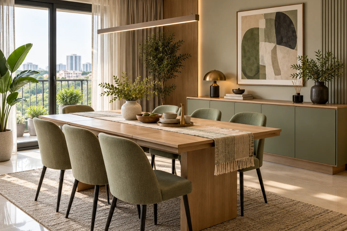 Dining room design with closed sideboard storage and an extendable table