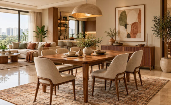 Dinner room decor in an open plan Bangalore apartment zoned with a rug and pendant light