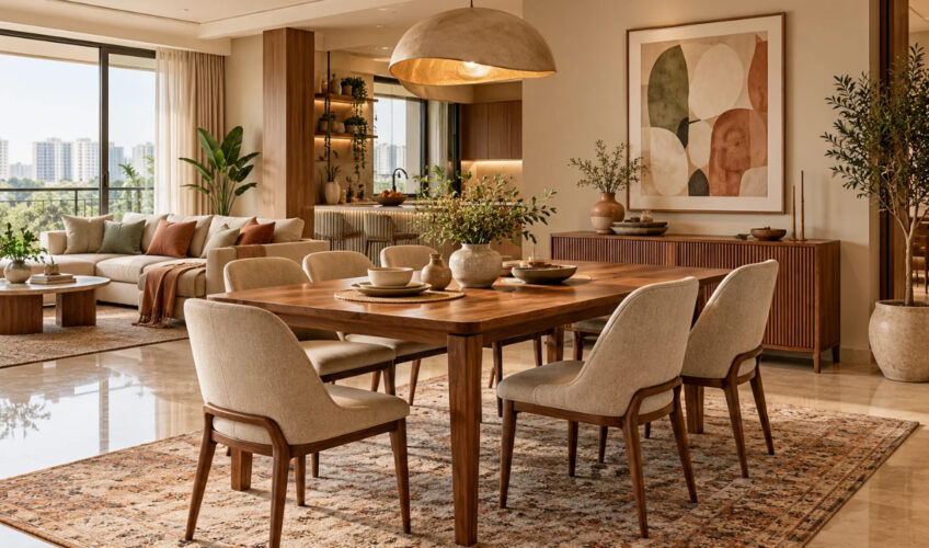 Dinner room decor in an open plan Bangalore apartment zoned with a rug and pendant light