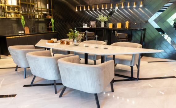 Hotel table and chairs in a contract dining setting with four covers